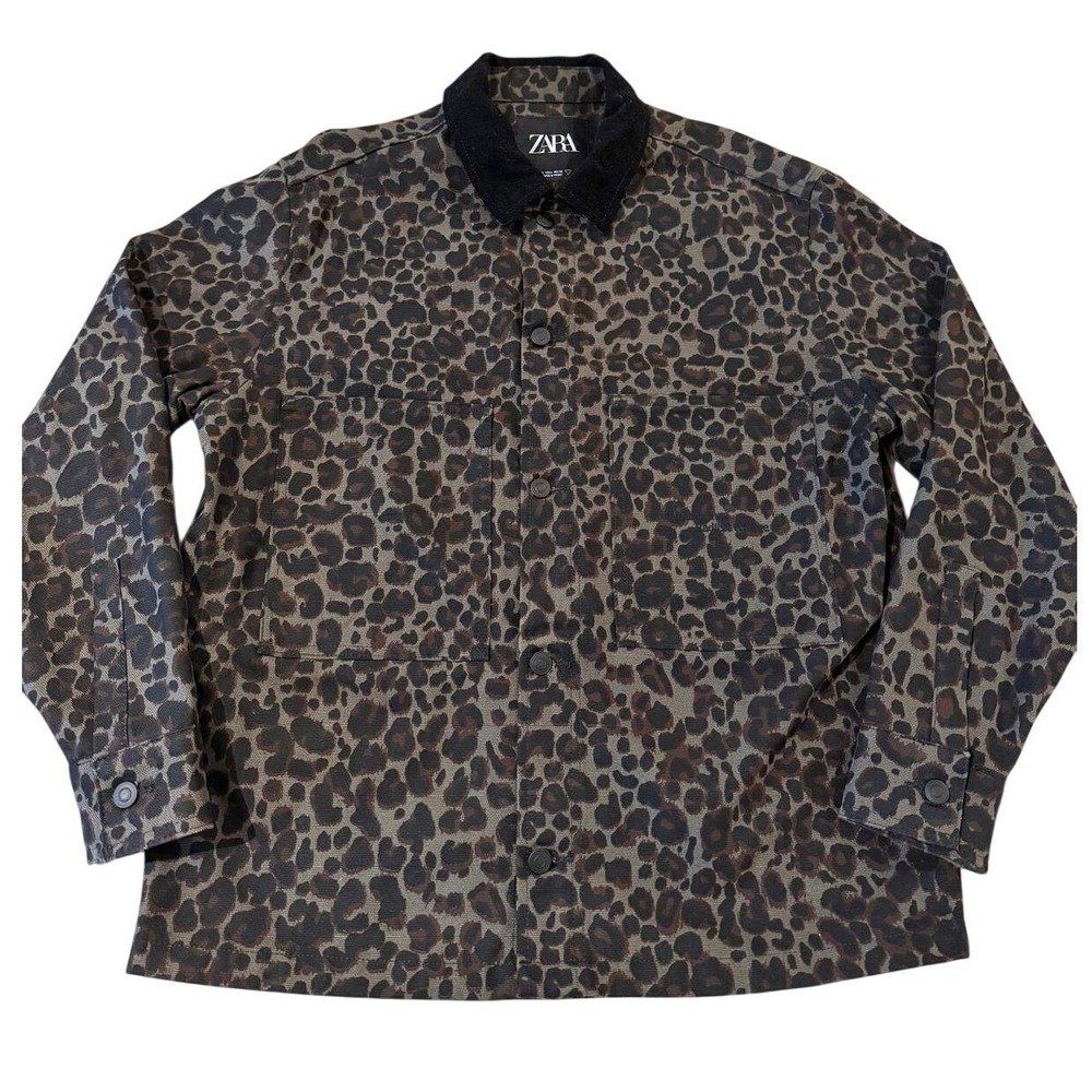 Zara Mens Leopard Print Corduroy Collar Canvas Chore Jacket Brown Large L